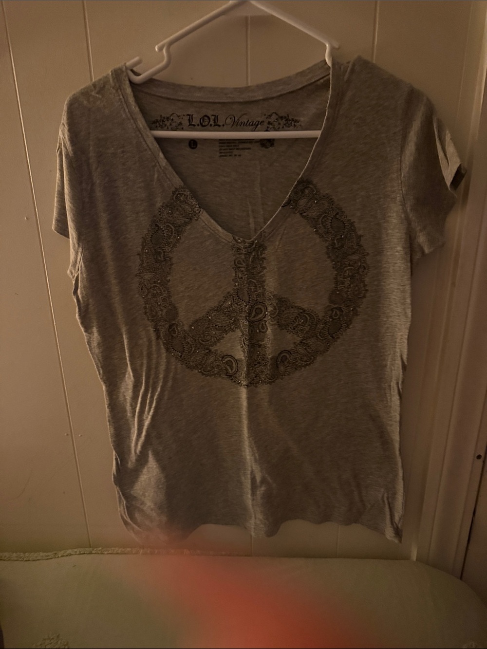 L.O.L. Vintage Gray V-Neck Tee with Ornate Peace Sign